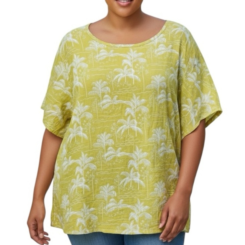 C&C California 3X Green White Tropical Palm Linen Short Sleeve Shirt Resortwear